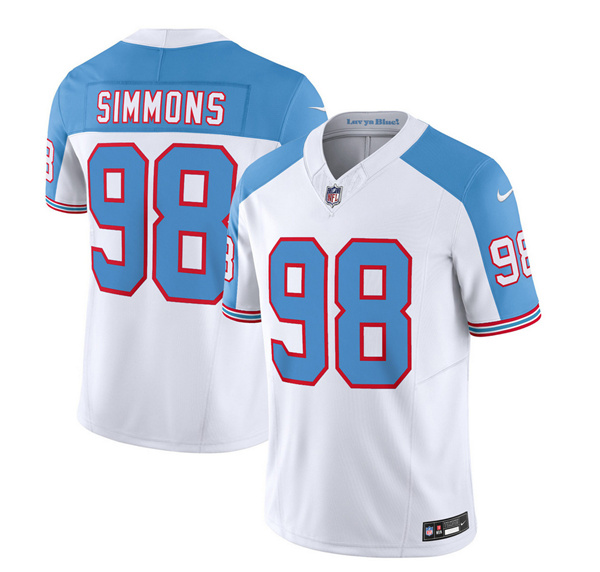 Men's Tennessee Titans #98 Jeffery Simmons White/Blue 2023 F.U.S.E. Vapor Limited Throwback Football Stitched Jersey - Click Image to Close